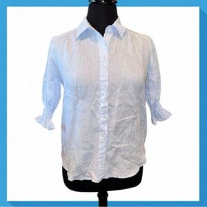 FINLEY Sirena 3/4 Puff Sleeve Button-Down Linen Shirt Small - Light Blue